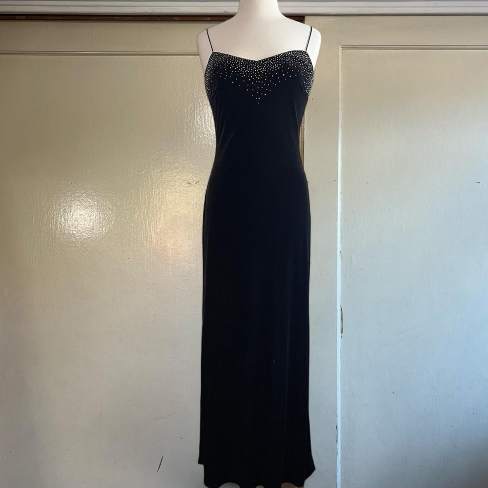 Dave & Johnny Black Velvet Beaded Maxi Dress with Silver Beads